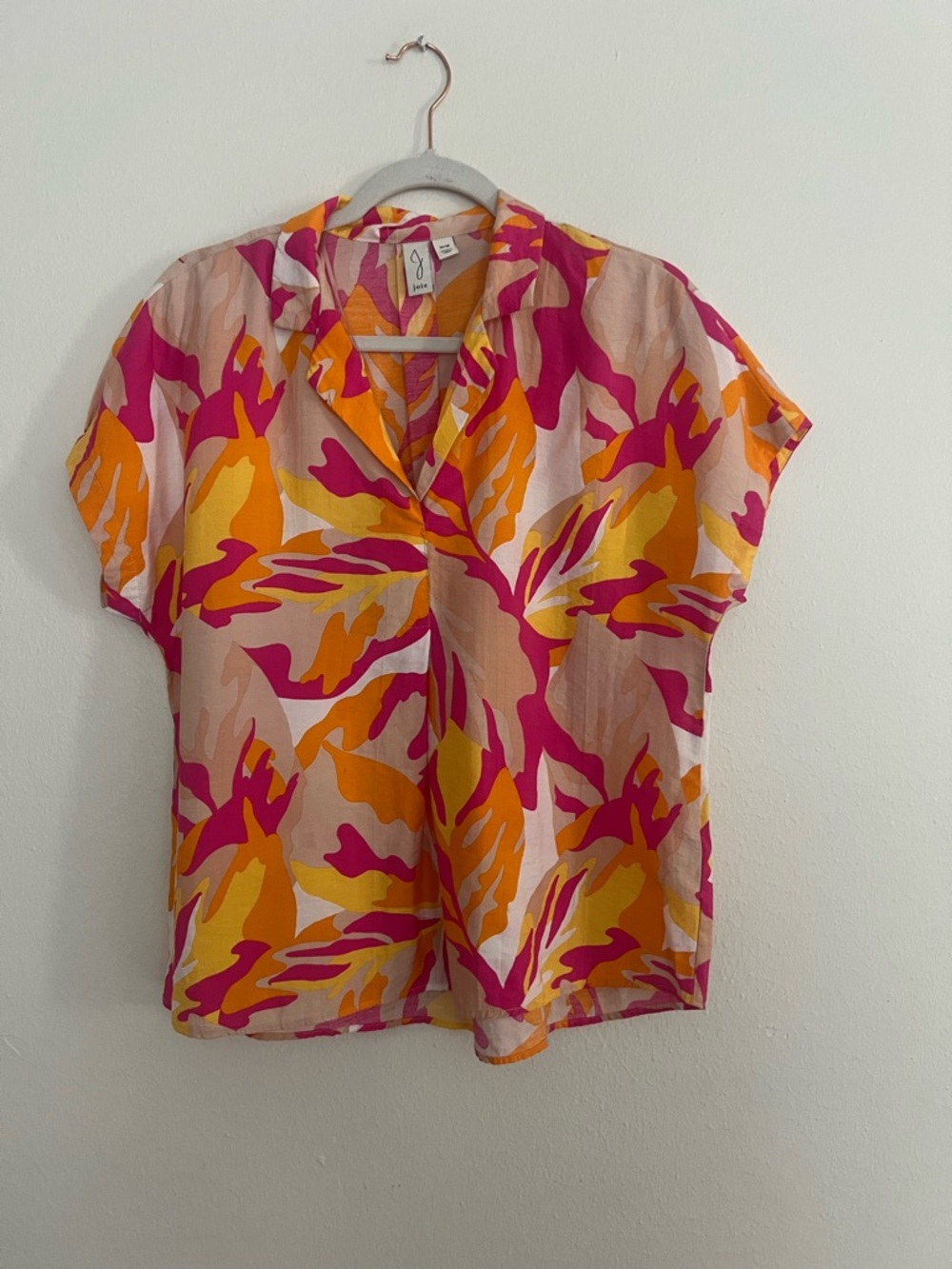 Joie Pink, Yellow & Orange Tropical V-Neck Blouse